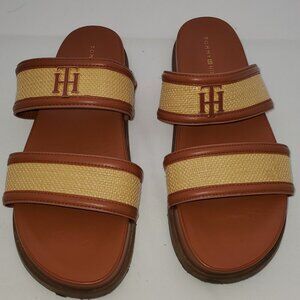 Tommy Hilfiger Rafaella Double Strap Slide Sandals Tan Raffia Leather | 10